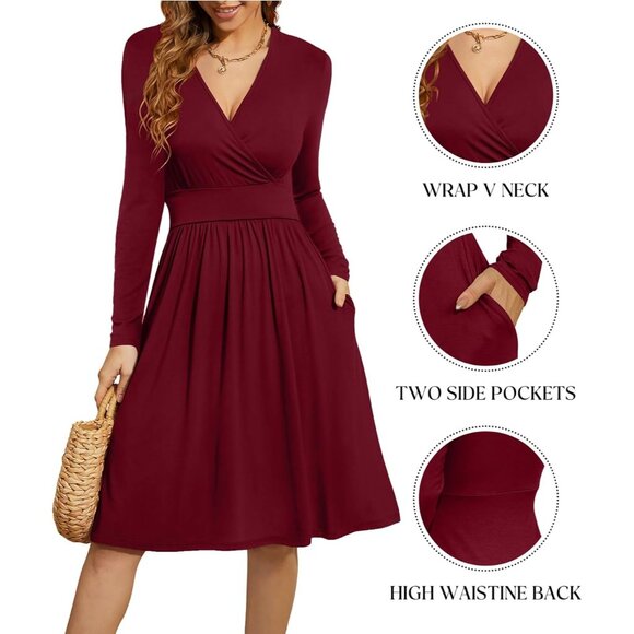 Women Long Sleeve Navy Blue Short Sleeve V-Neck Floral Party Dress with Pockets - Picture 4 of 6